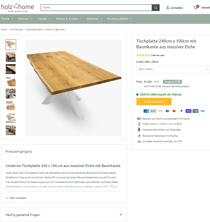 holz4home-Produktseite einer Eichentischplatte mit Baumkante auf einem Tablet im Büro
