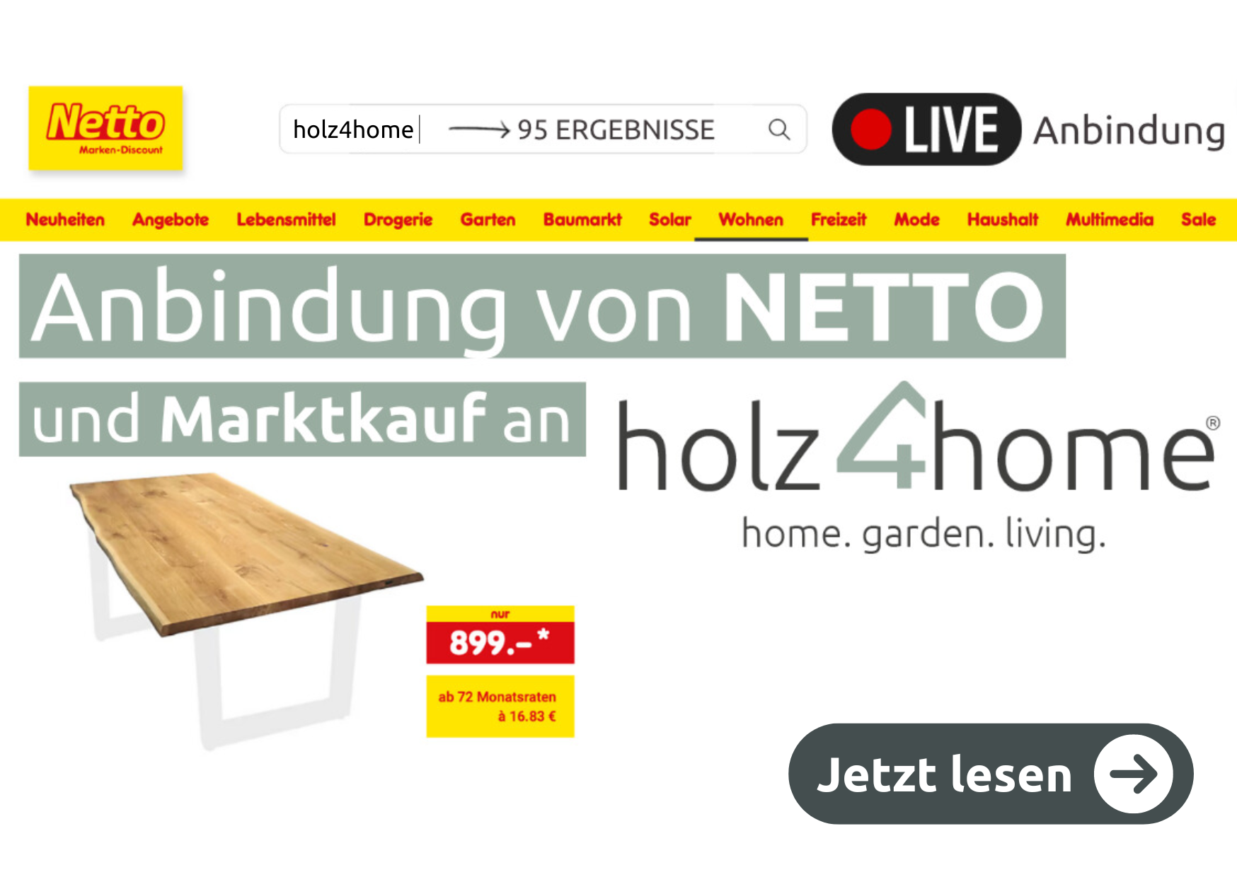 Werbebanner zur Anbindung von Netto und Marktkauf an holz4home mit einer Eichentischplatte