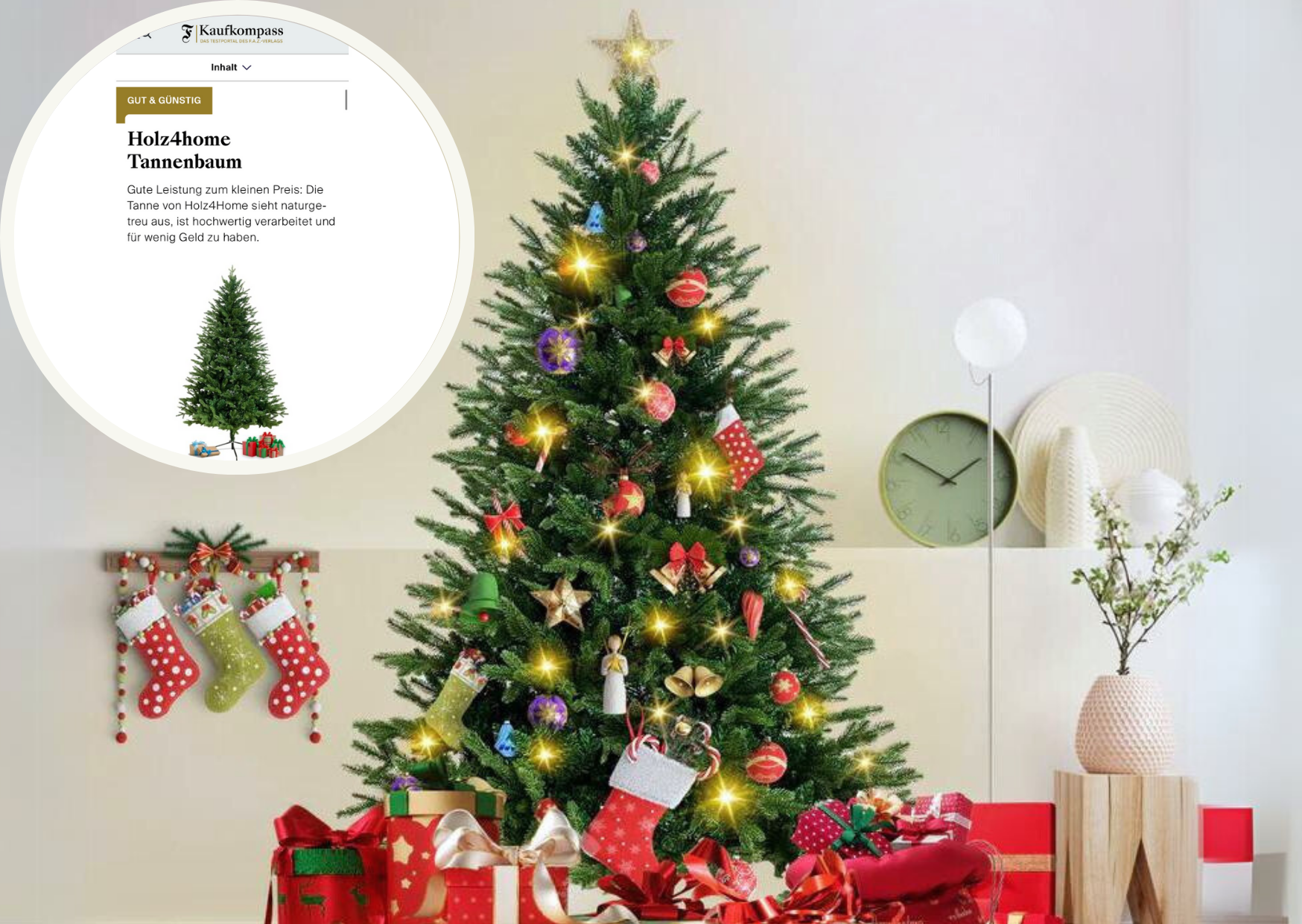 Geschmückter Weihnachtsbaum mit Lichterkette und Geschenken neben einer FAZ-Kaufkompass-Bewertung