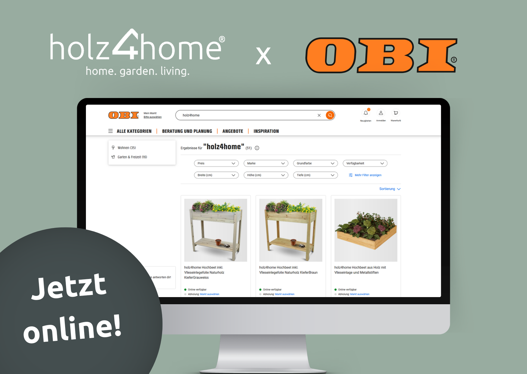 Grafik zur Zusammenarbeit von holz4home und OBI mit Hochbeeten im OBI-Onlineshop, jetzt online