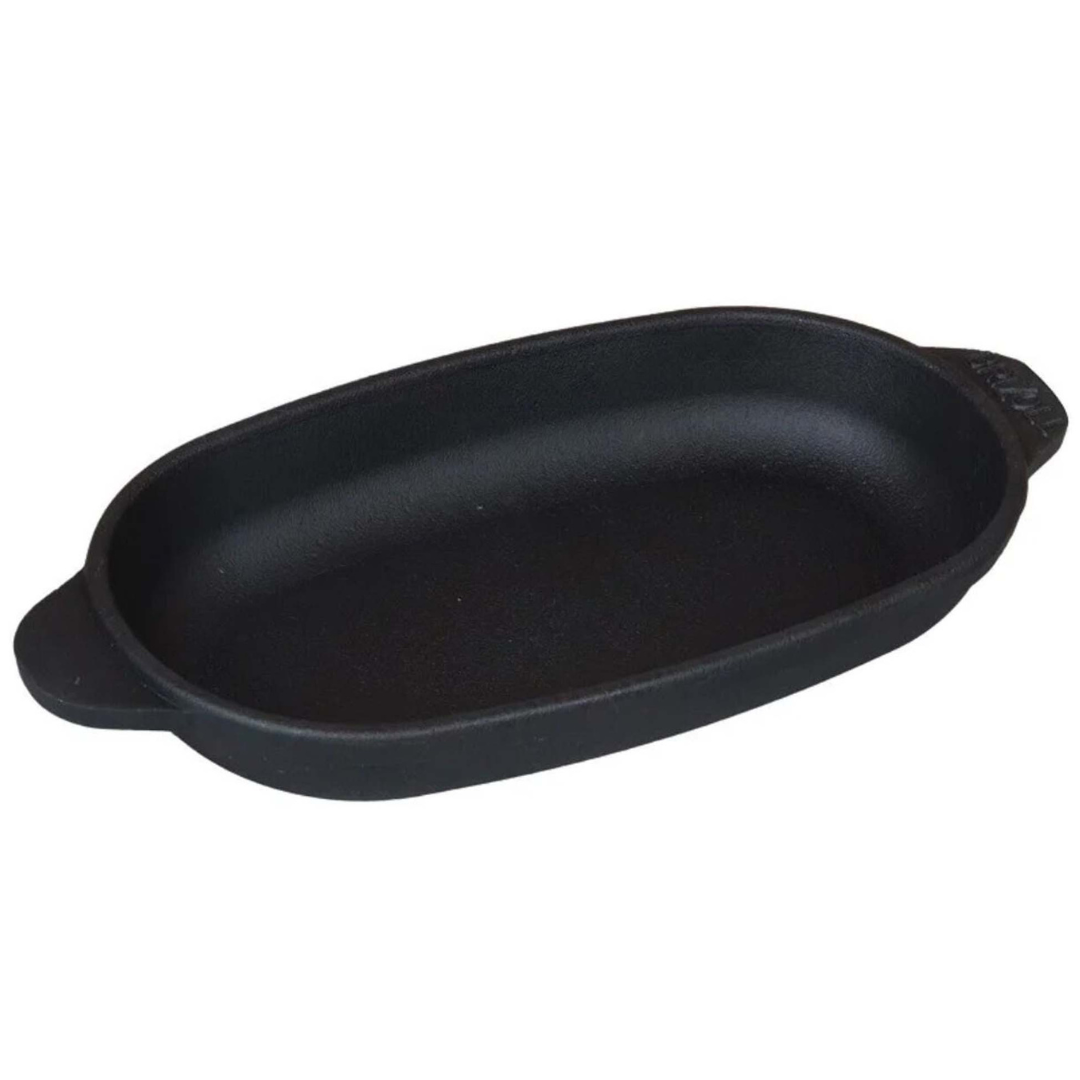 Ovale Servierpfanne aus Gusseisen mit Holzablage