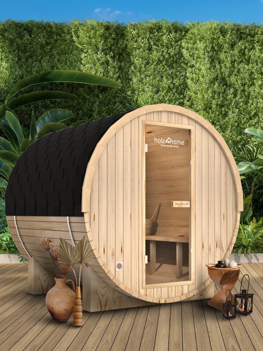 Fasssauna L Pini wood Outdoor Sauna inkl. Ofen