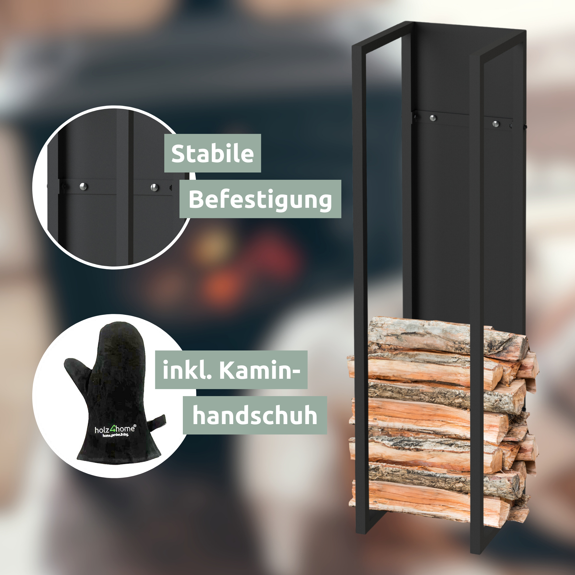 Kaminholzregal 100 x 25 x 25cm aus Metall Schwarz inkl. Ofenhandschuh