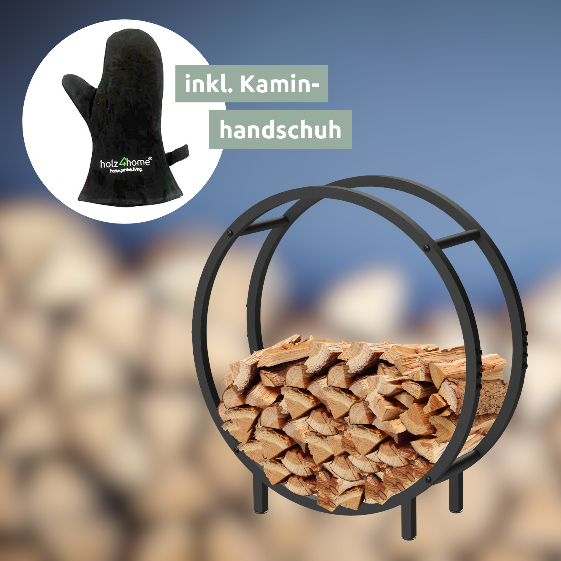 Kaminholzregal 62x60x20cm aus Metall Schwarz inkl. Ofenhandschuh