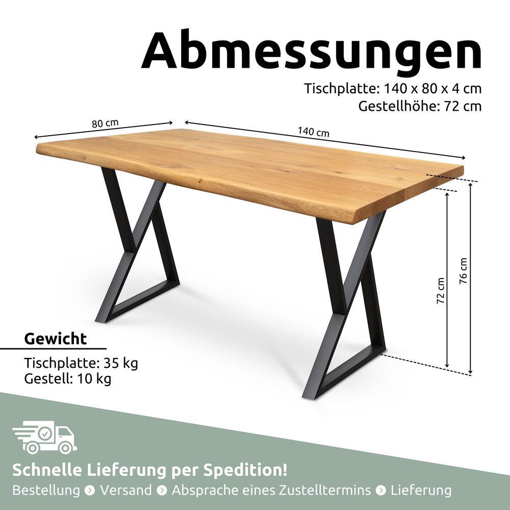 Kleiner Massivholztisch mit Baumkante 140cm x 80cm Doppel-Dreieck Gestell