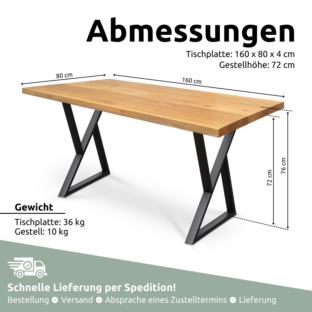 Kleiner Massivholztisch ohne Baumkante 160cm x 80cm Doppel-Dreieck Gestell