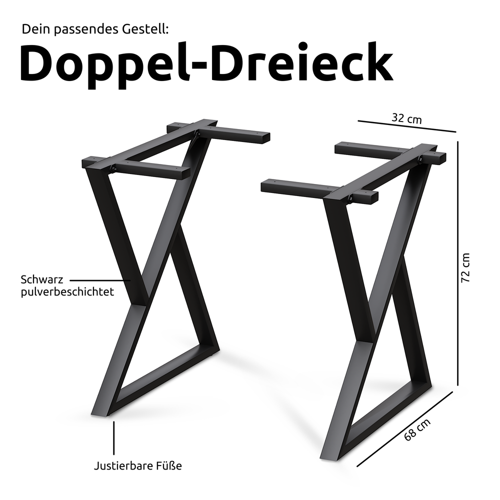 Kleiner Massivholztisch mit Baumkante 140cm x 80cm Doppel-Dreieck Gestell
