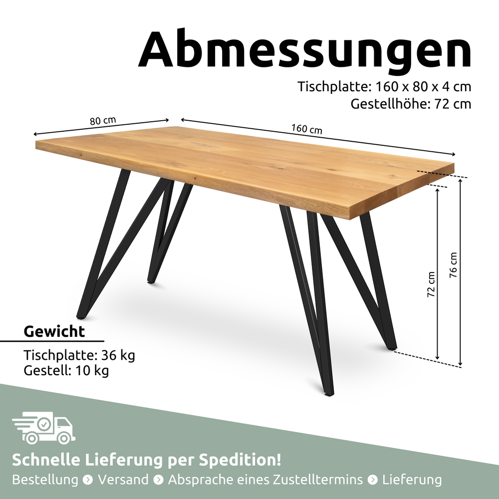 Kleiner Massivholztisch ohne Baumkante 160cm x 80cm Dreieck Gestell