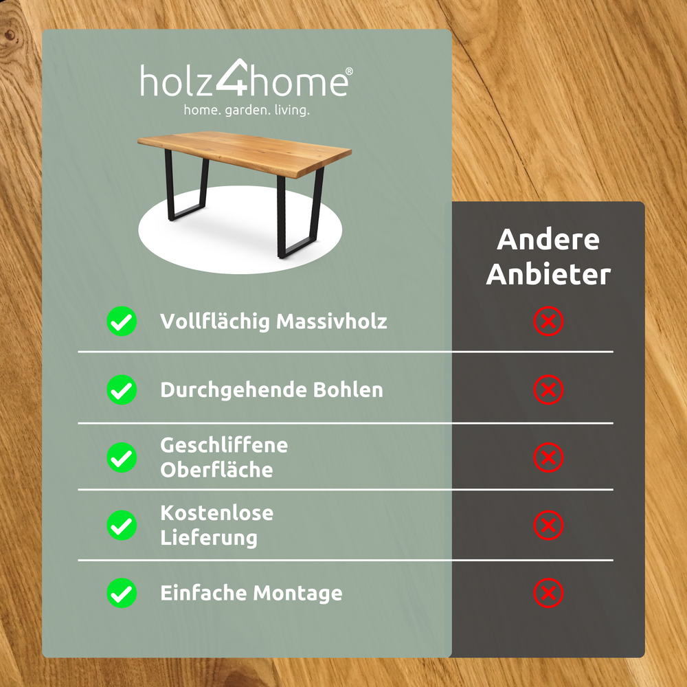 Kleiner Massivholztisch mit Baumkante 140cm x 80cm Trapez Gestell