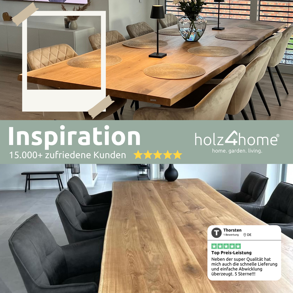 Kleiner Massivholztisch mit Baumkante 140cm x 80cm Trapez Gestell