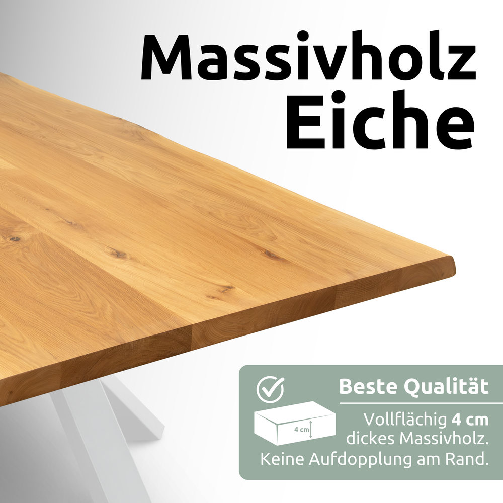 Kleiner Massivholztisch mit Baumkante 140cm x 80cm Trapez Gestell