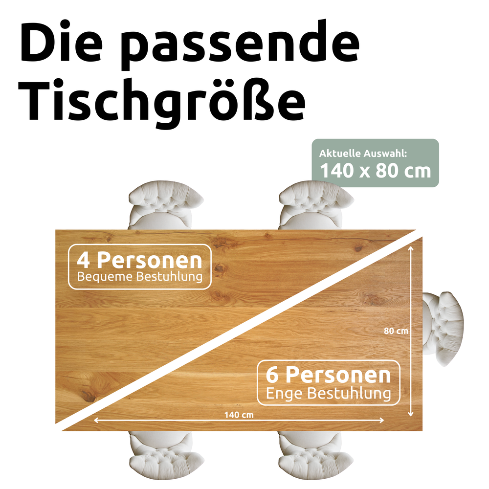 Kleiner Massivholztisch mit Baumkante 140cm x 80cm Trapez Gestell