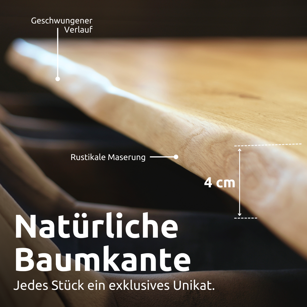 Kleiner Massivholztisch mit Baumkante 140cm x 80cm Trapez Gestell