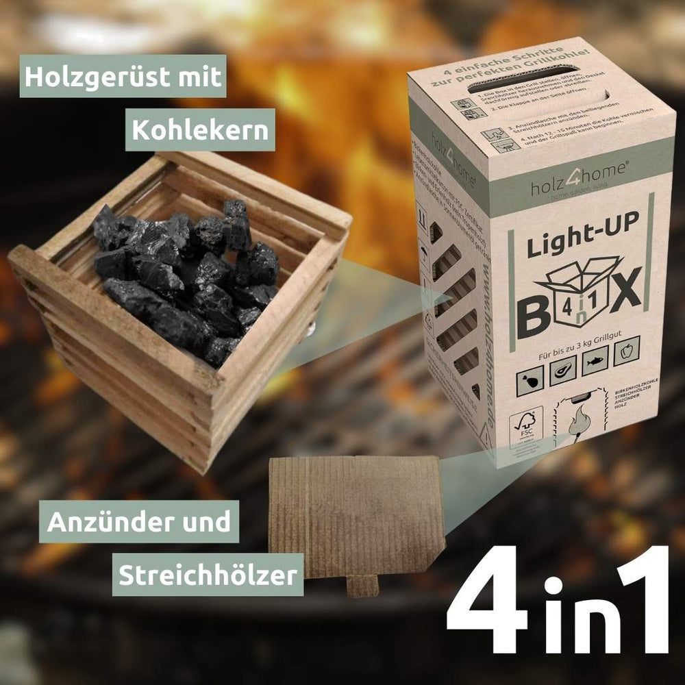 grillkohle aufbewahrung Light-UP-Box 4in1 Grillbox Grillkohle Grillholzkohle