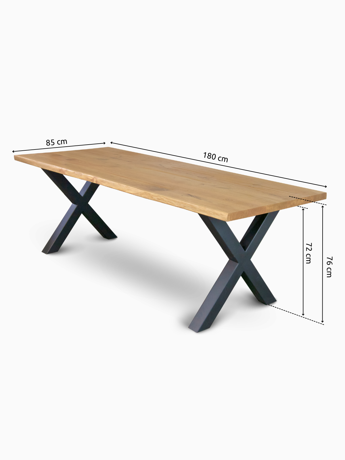 Massivholztisch Eiche mit Baumkante, Hora-X-Gestell, Maßangabe 180 x 85 cm, Gestellhöhe 76 cm
