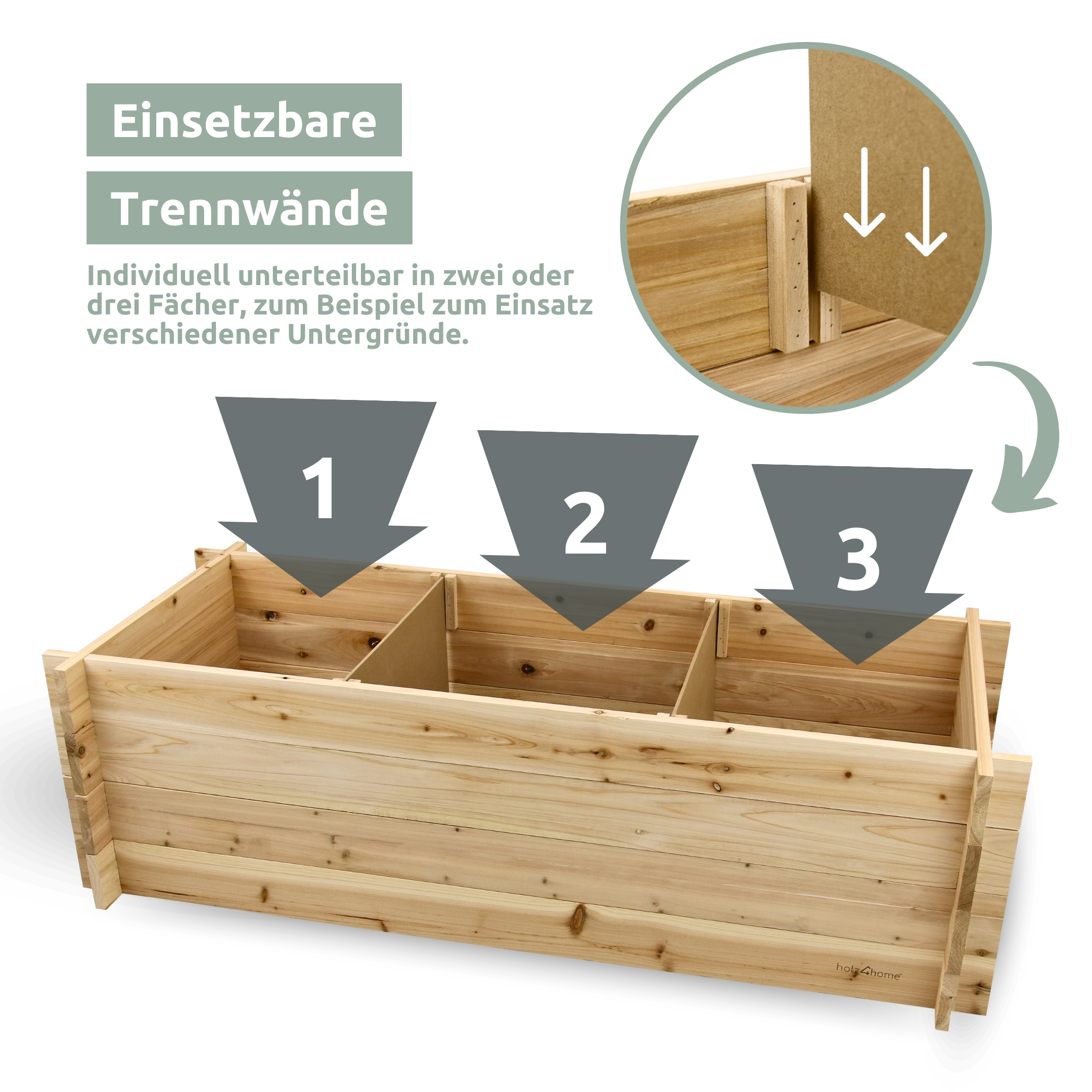 Hochbeet mit 3 Fächern Tannenholz I 140cm x 60cm x 40cm