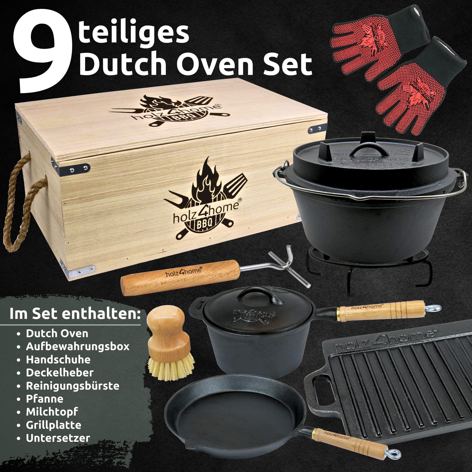 Dutch Oven Set 9-teilig in Holzkiste I 4,7L Feuertopf Viel Zubehör: kleiner Topf, Grillplatte, Pfanne, Handschuhe uvm.