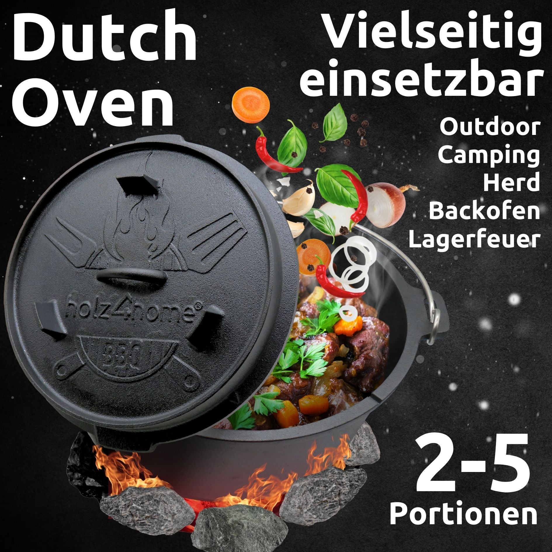 Dutch Oven Set 9-teilig in Holzkiste I 4,7L Feuertopf Viel Zubehör: kleiner Topf, Grillplatte, Pfanne, Handschuhe uvm.