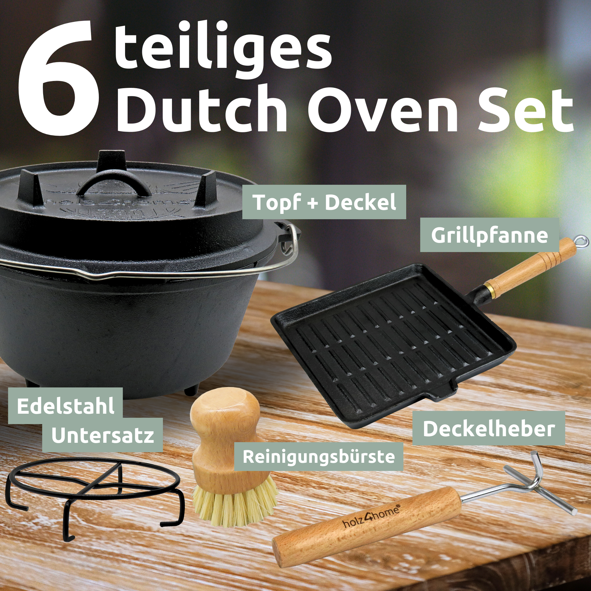 Dutch Oven Set 6-teilig I eingebrannter Feuertopf 9L aus Gusseisen I inkl. Pfanne, Topfständer, Deckelheber und Reinigungsbürste