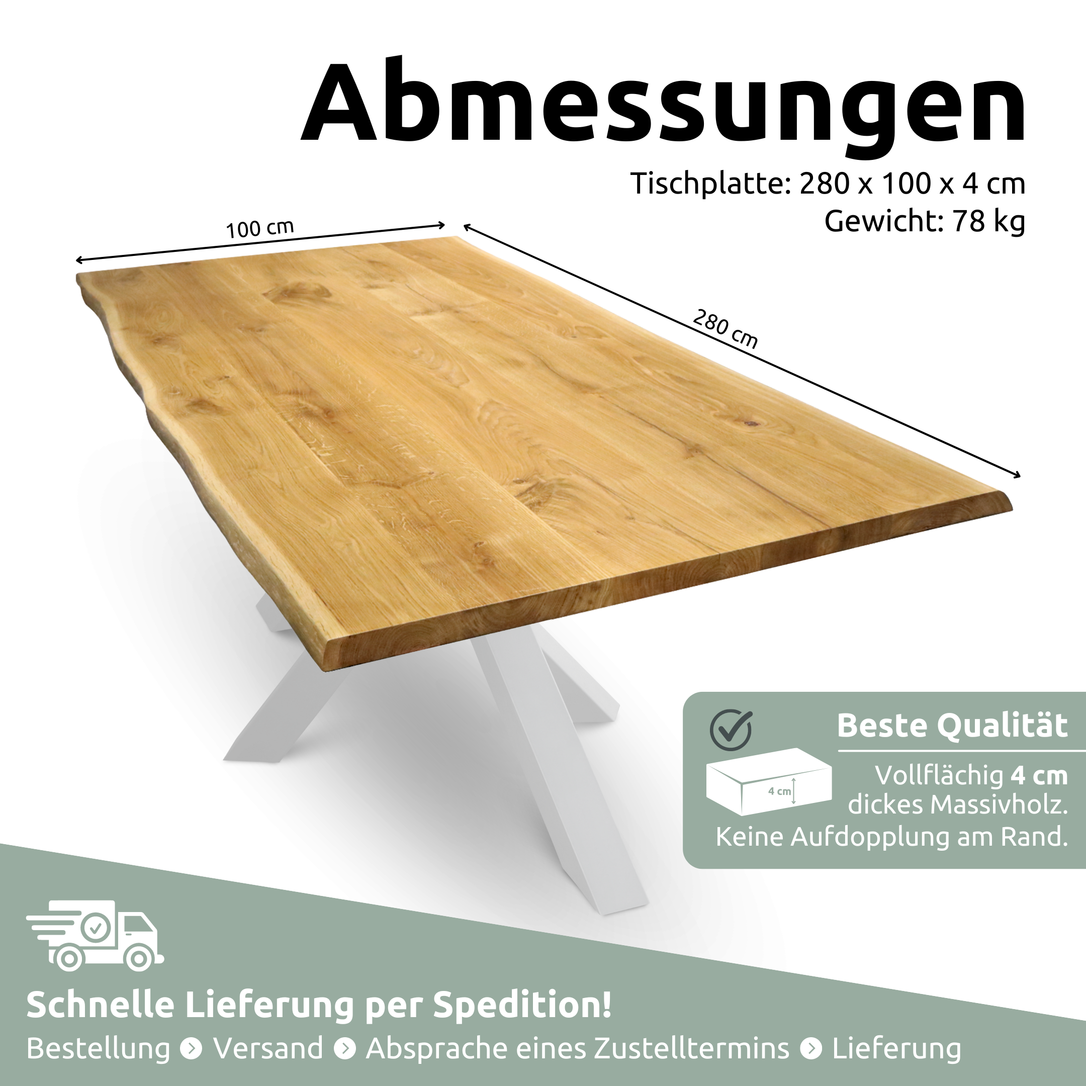 Tischplatte 280cm x 100cm mit Baumkante aus massiver Eiche