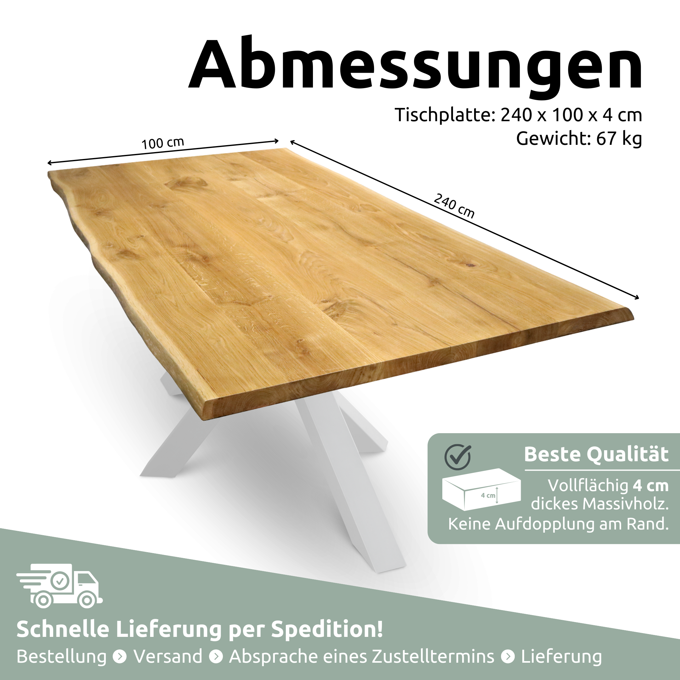 Tischplatte 240cm x 100cm mit Baumkante aus massiver Eiche