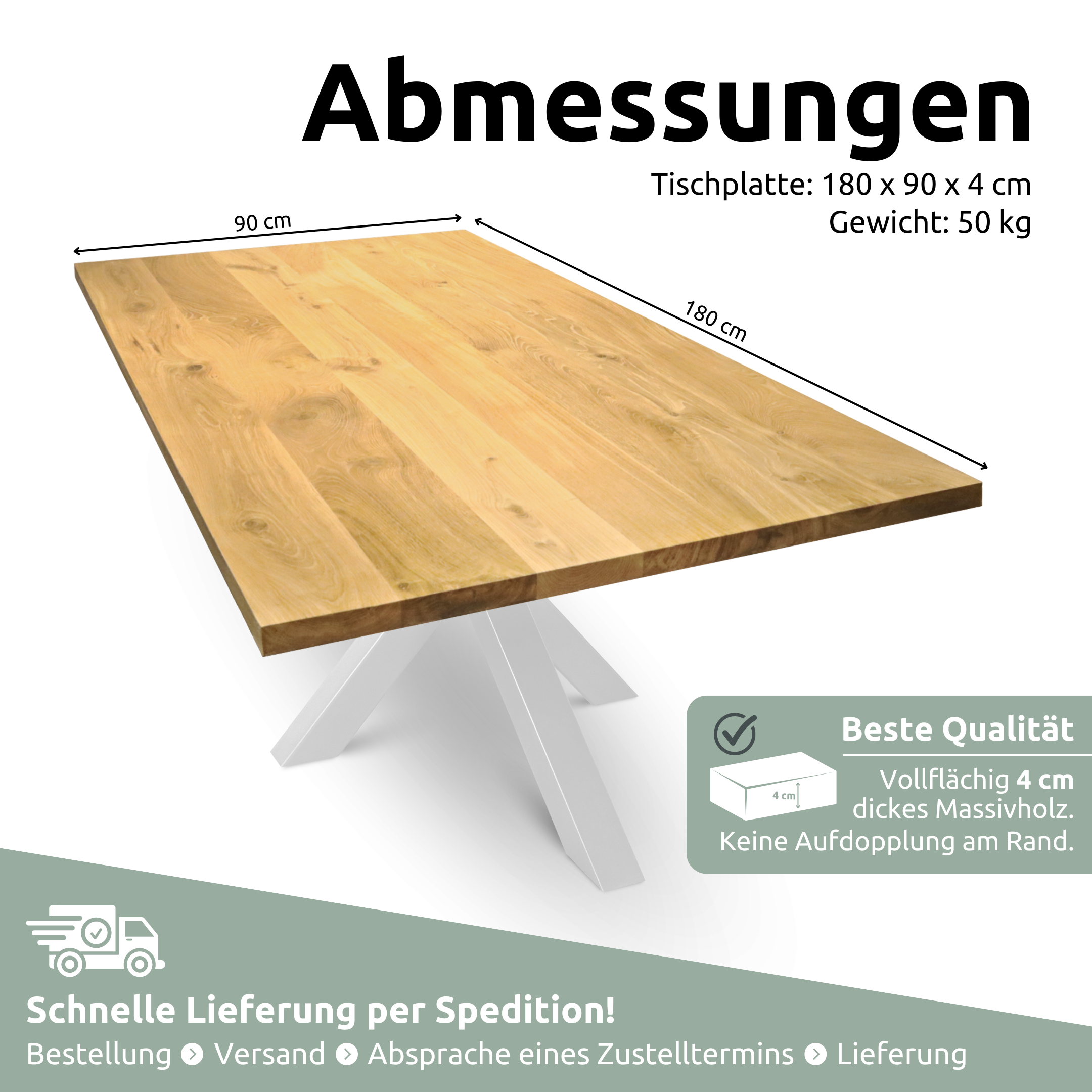 Tischplatte 180cm x 90cm ohne Baumkante aus massiver Eiche