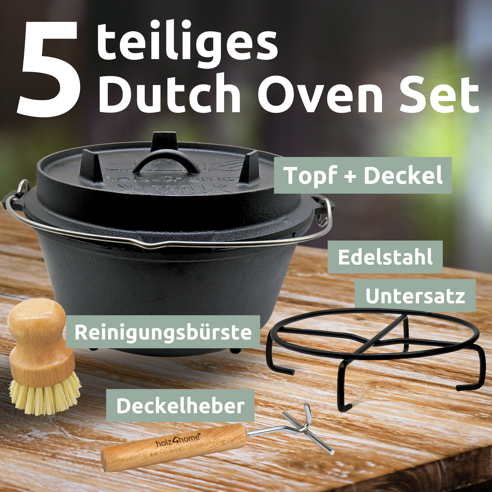Dutch Oven 9L I eingebrannter Feuertopf aus Gusseisen I inkl. Deckelheber, Topfständer und Reinigungsbürste