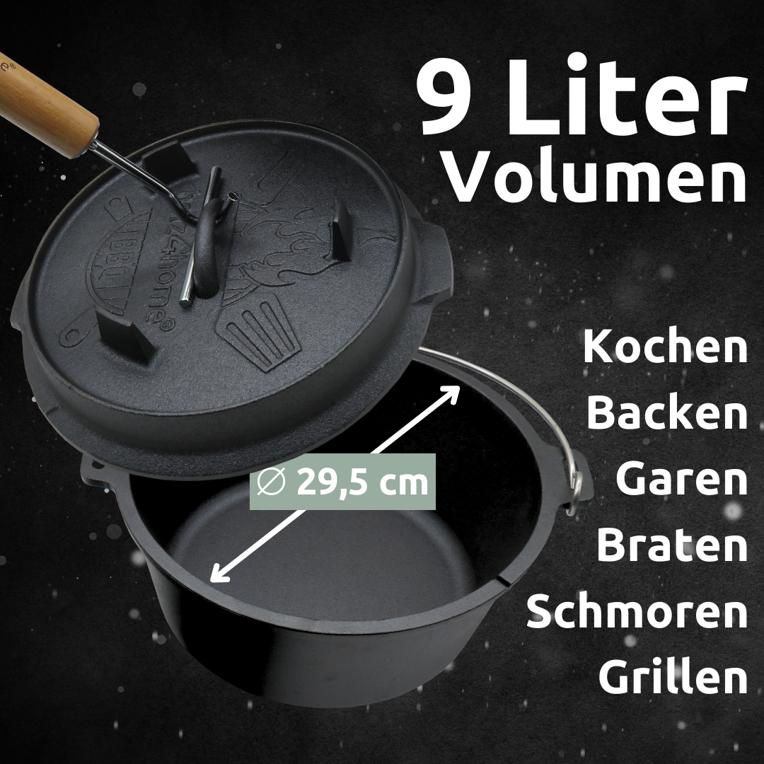 Dutch Oven Set 6-teilig I eingebrannter Feuertopf 9L aus Gusseisen I inkl. Pfanne, Topfständer, Deckelheber und Reinigungsbürste