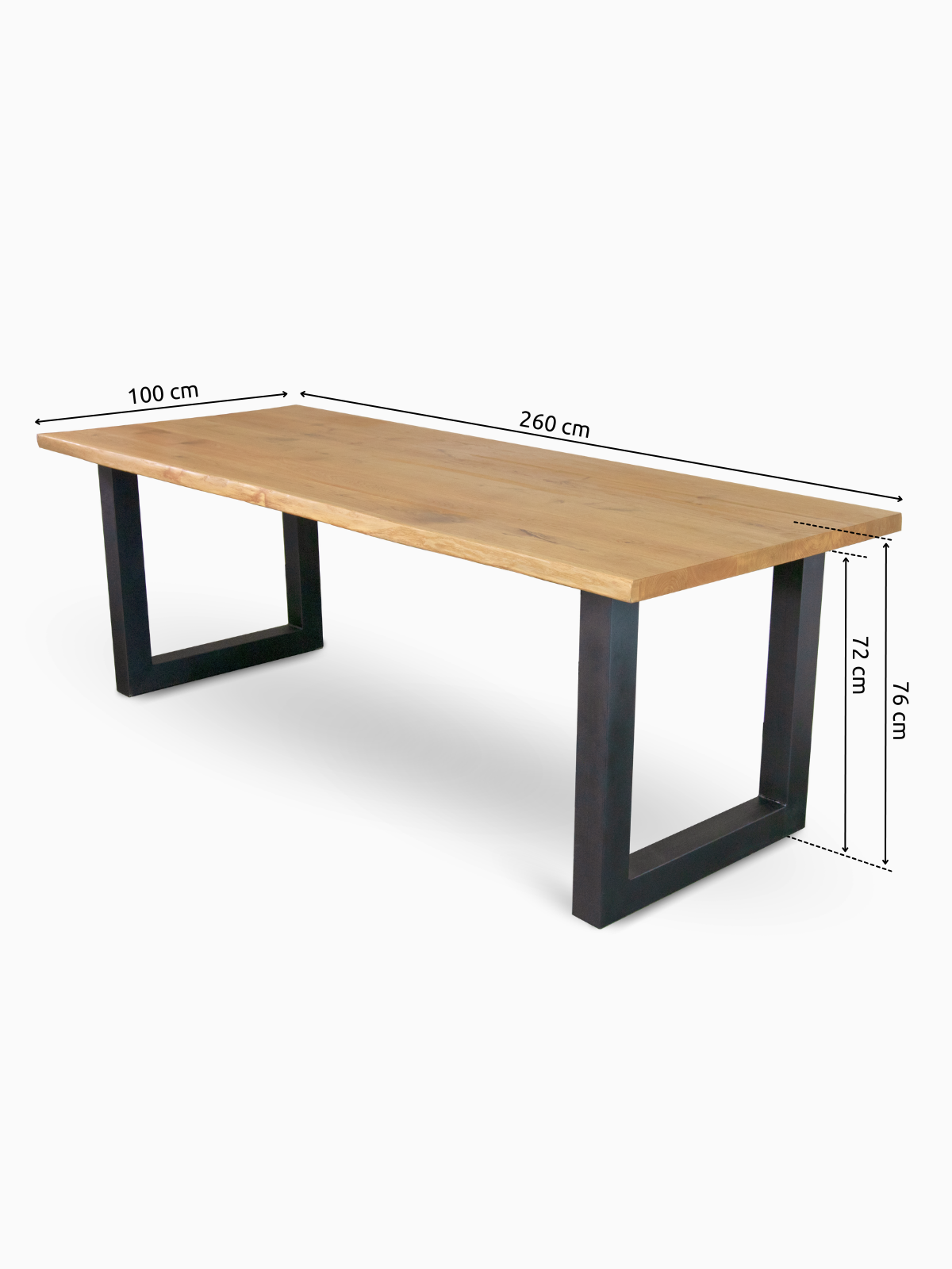 Maßzeichnung Eichentisch mit Baumkante 260 x 100 cm, Gestellhöhe 72 cm, zwei schwarze U-Gestelle