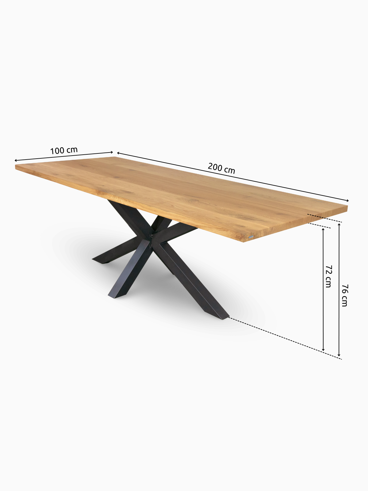 Maßzeichnung Eichentisch mit Baumkante 200 x 100 cm, Gestellhöhe 72 cm, schwarzes Hora-Spider-Gestell