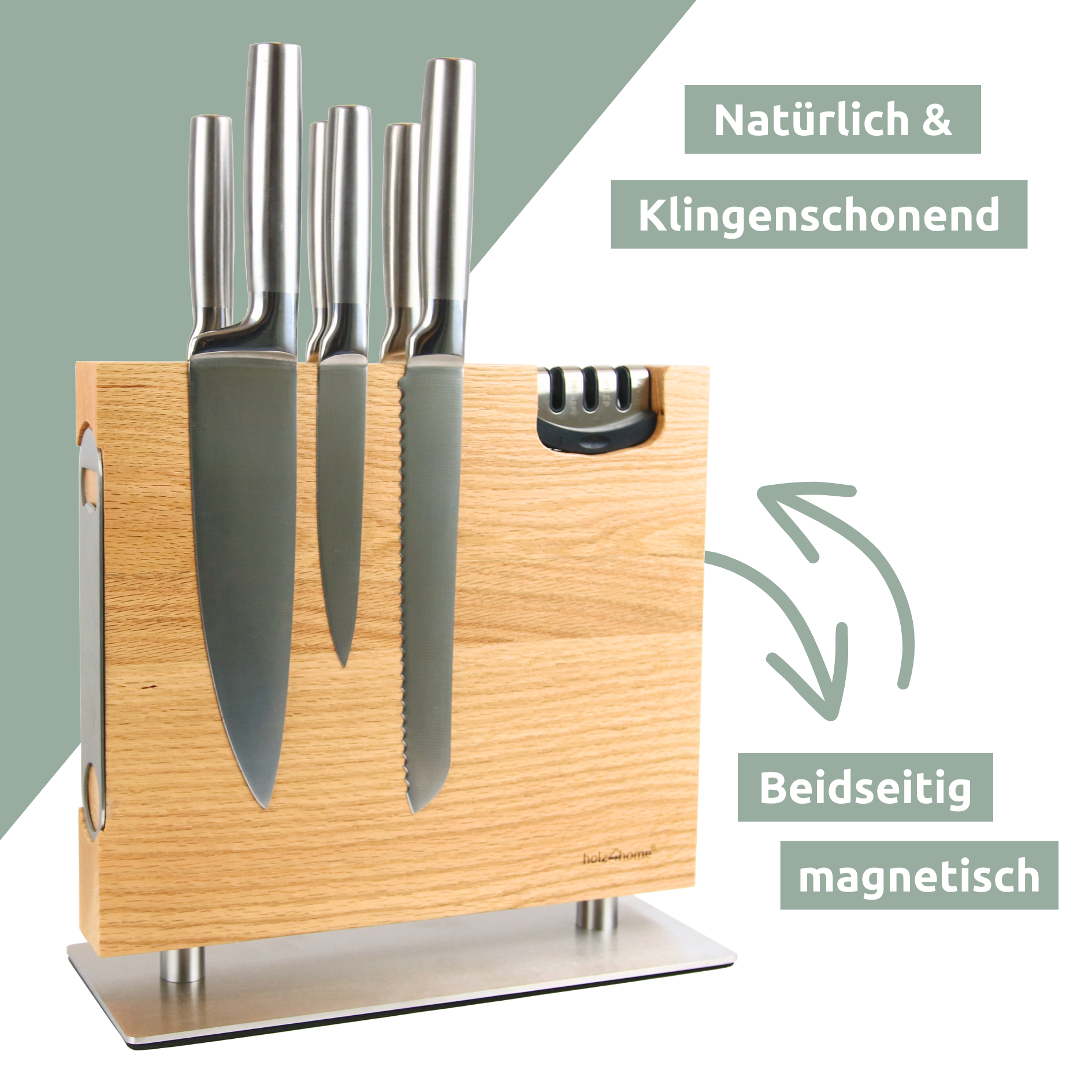 Magnetischer Messerblock aus Eichenholz - inkl. Flaschenöffner & Messerschärfer