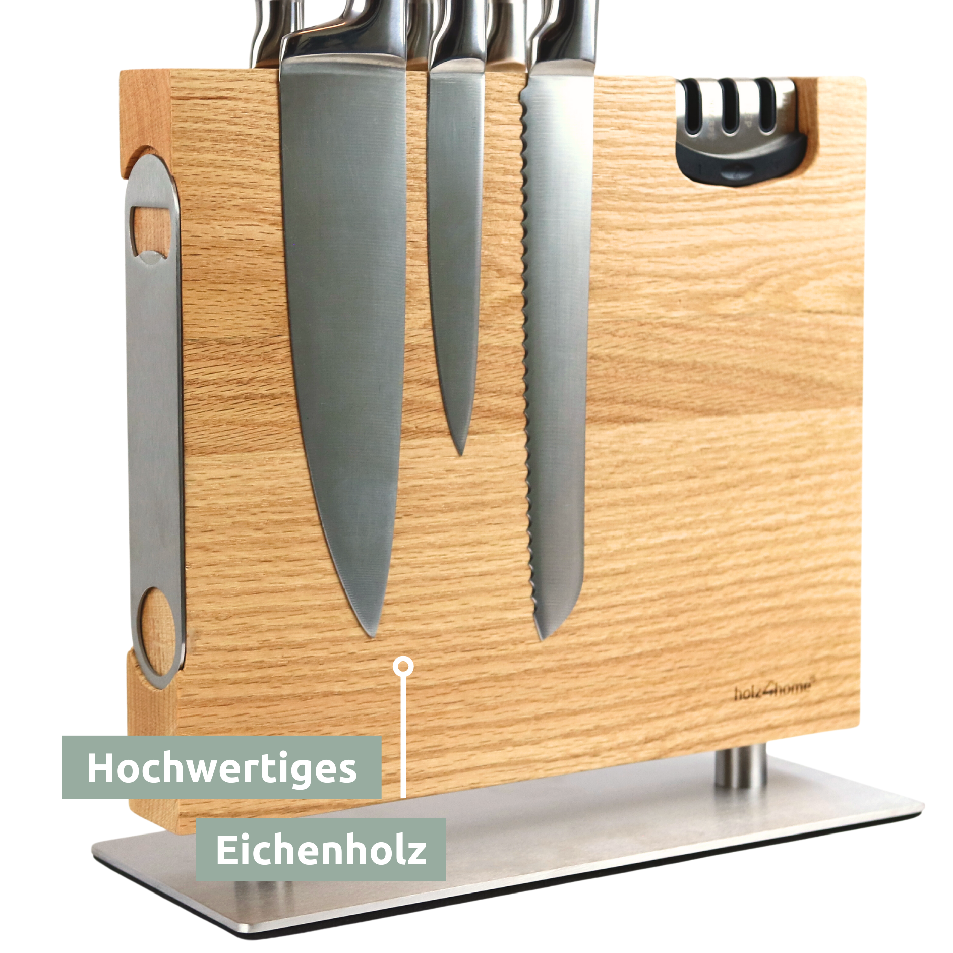 Magnetischer Messerblock aus Eichenholz - inkl. Flaschenöffner & Messerschärfer