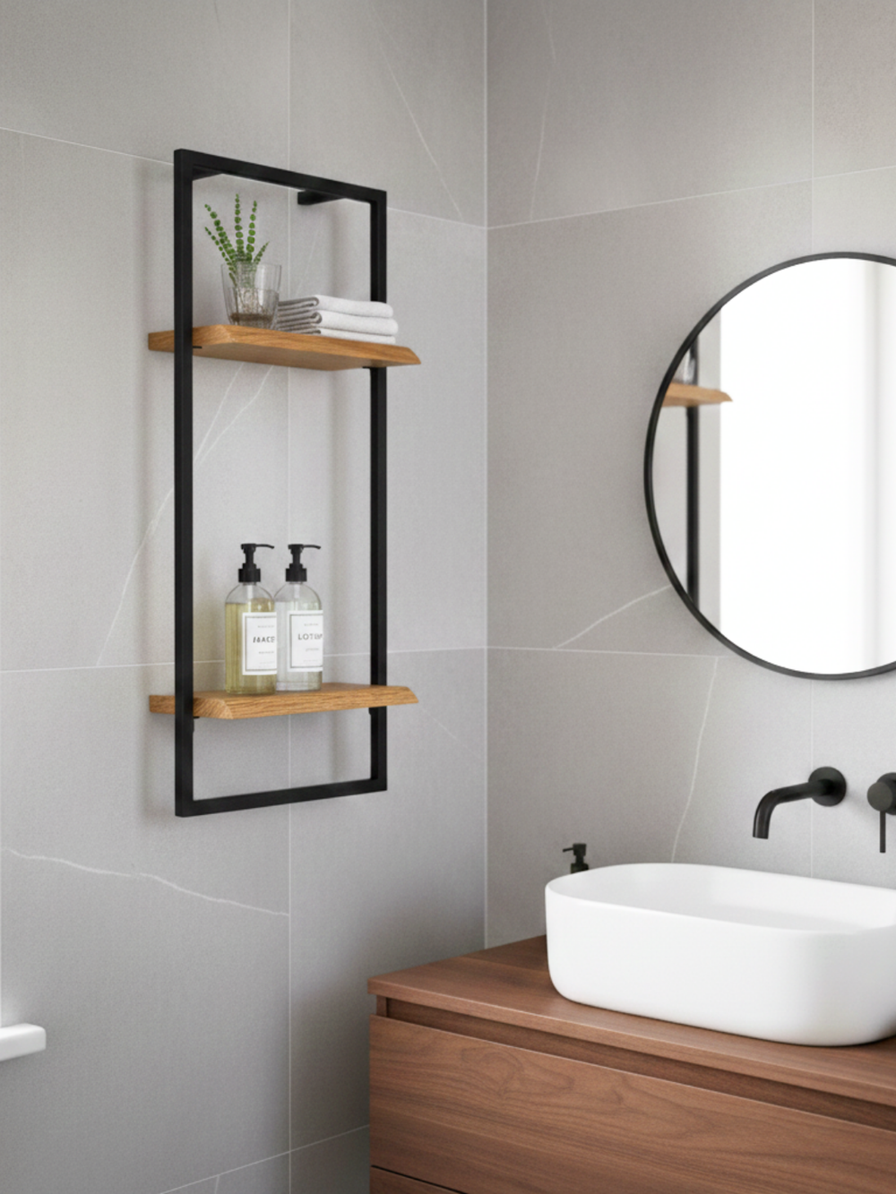 Wandregal High Eiche Natur - Schwarz gerahmt