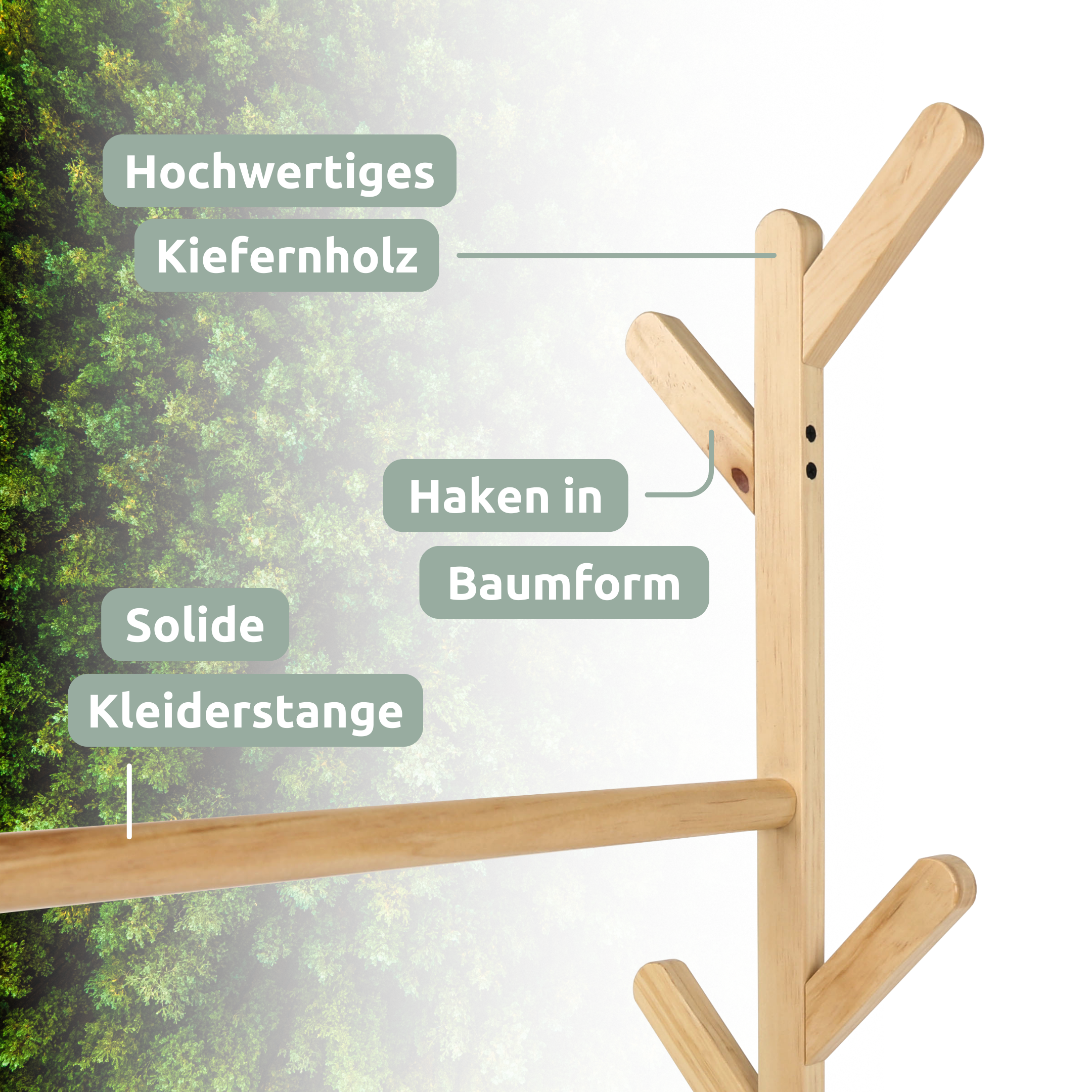 Garderobenständer aus Kiefernholz mit Kleiderstange