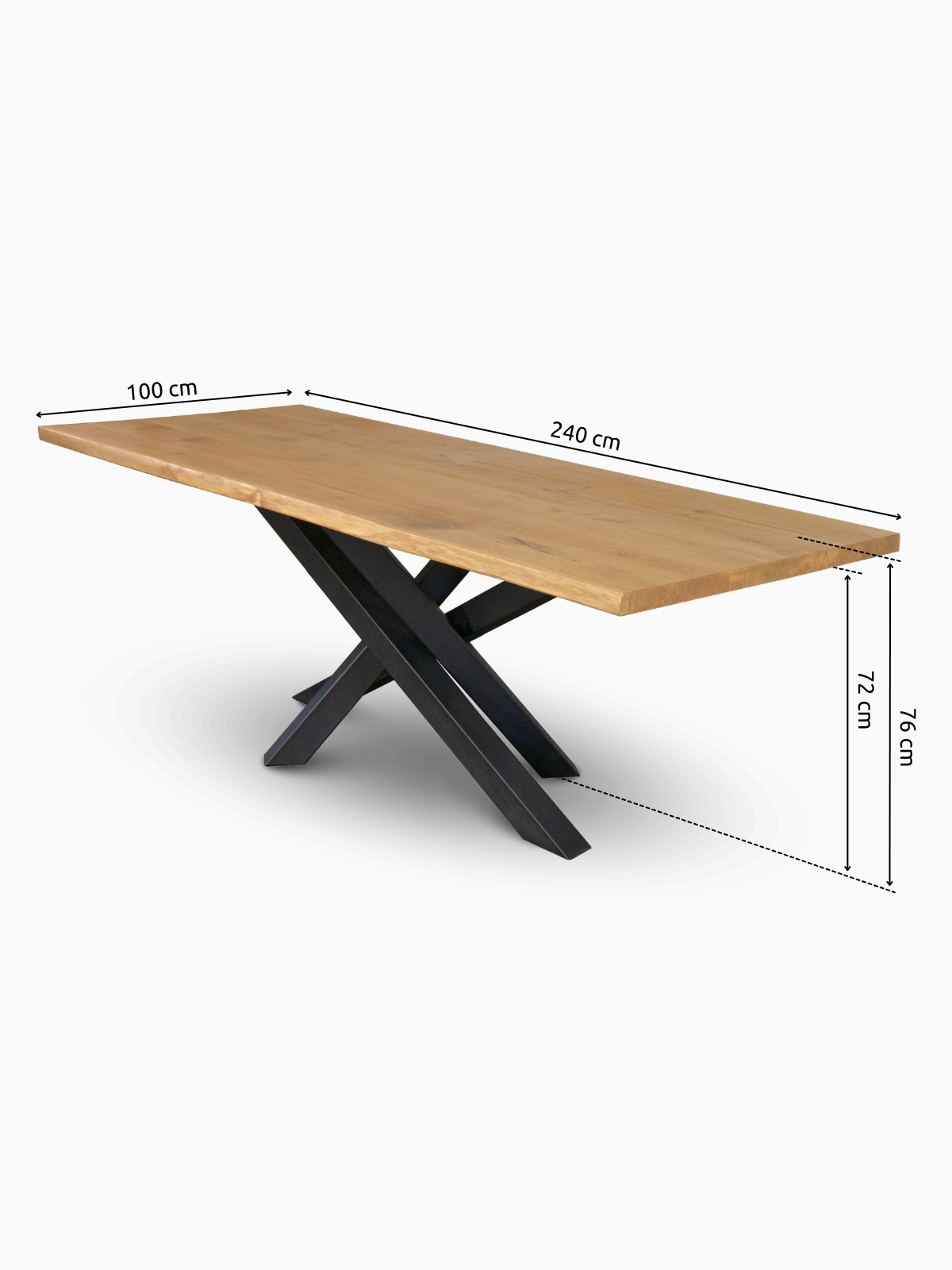 Eichentisch mit Baumkante, Maßzeichnung 240 x 100 cm auf schwarzem Spider-Gestell, Gestellhöhe 72 cm