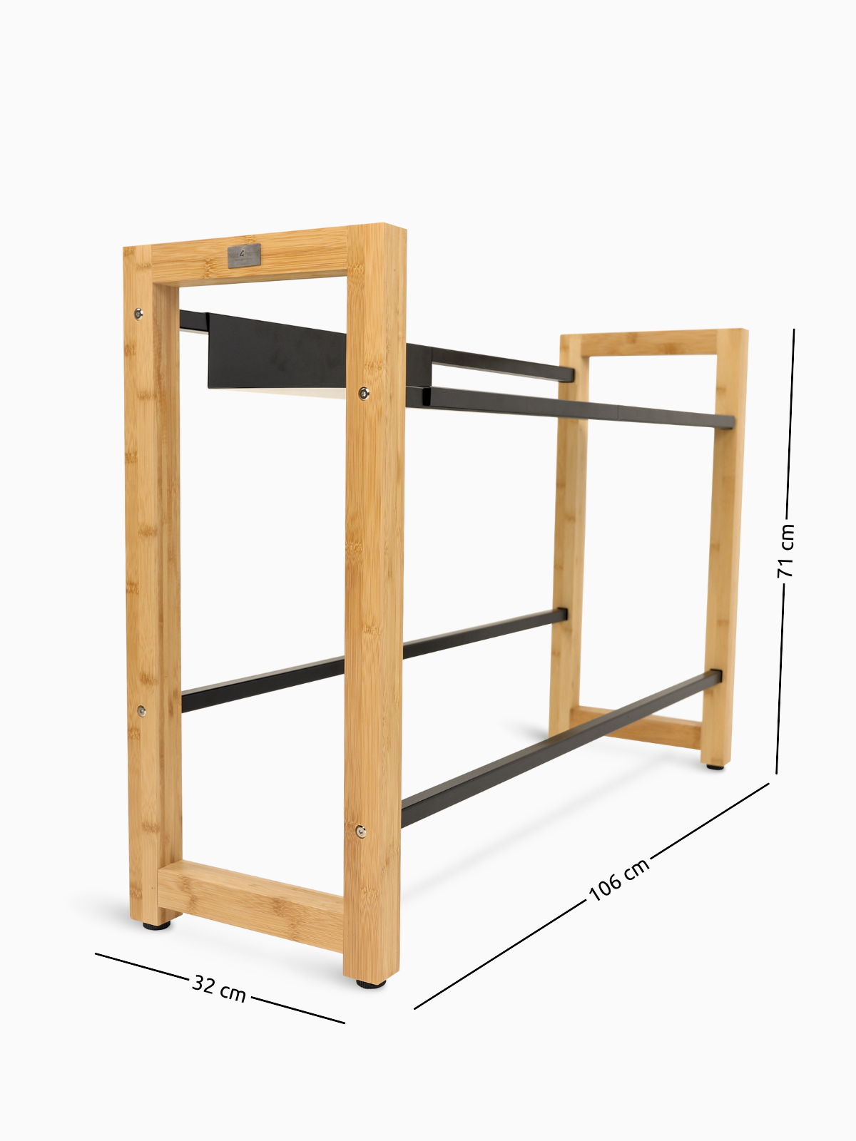 Maßzeichnung des breiten Getränkekistenregals aus Bambus mit 106 cm Breite, 32 cm Tiefe und 71 cm Höhe