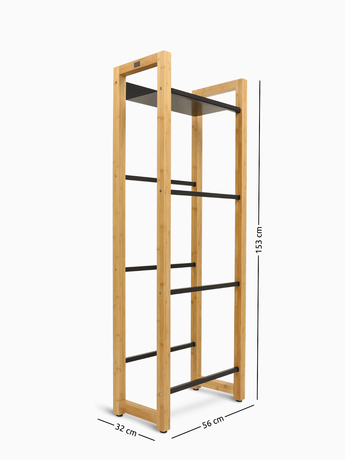 Maßzeichnung des hohen Getränkekistenregals aus Bambus mit 56 cm Breite, 32 cm Tiefe und 153 cm Höhe