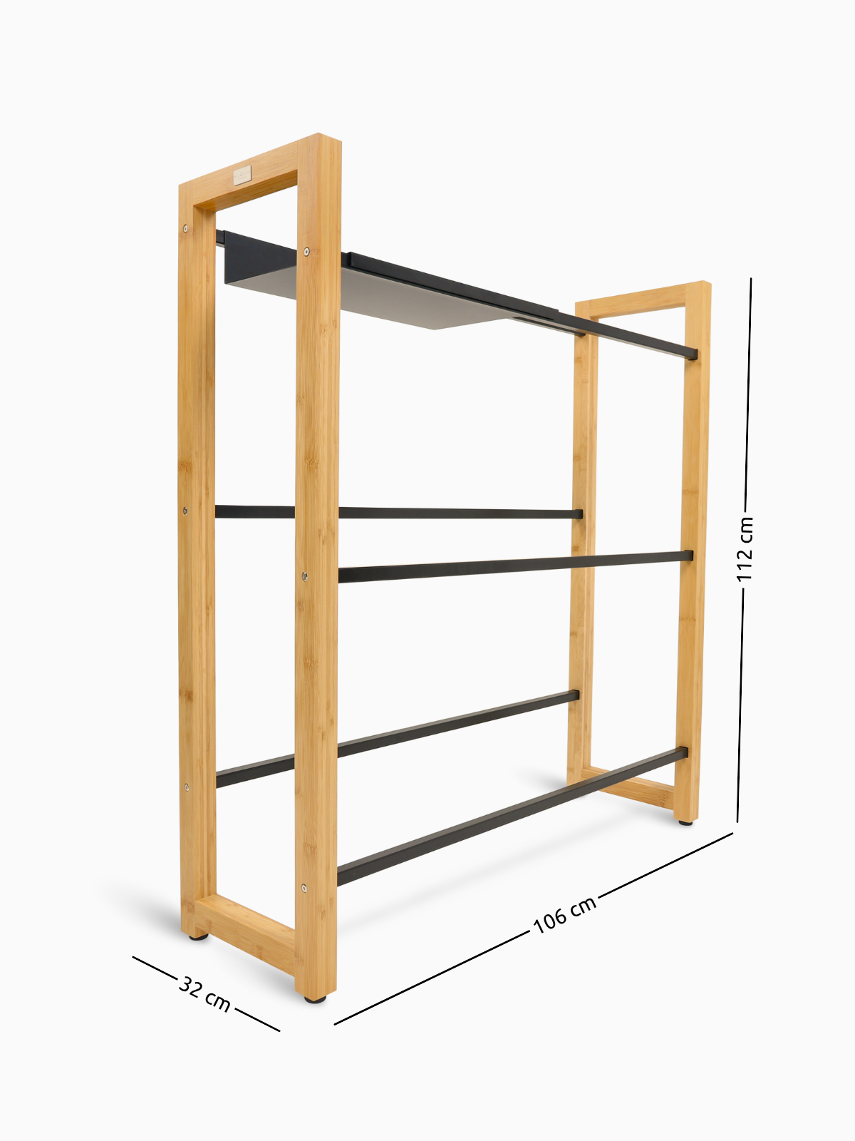 Maßzeichnung des breiten Getränkekistenregals aus Bambus mit 106 cm Breite, 32 cm Tiefe und 112 cm Höhe