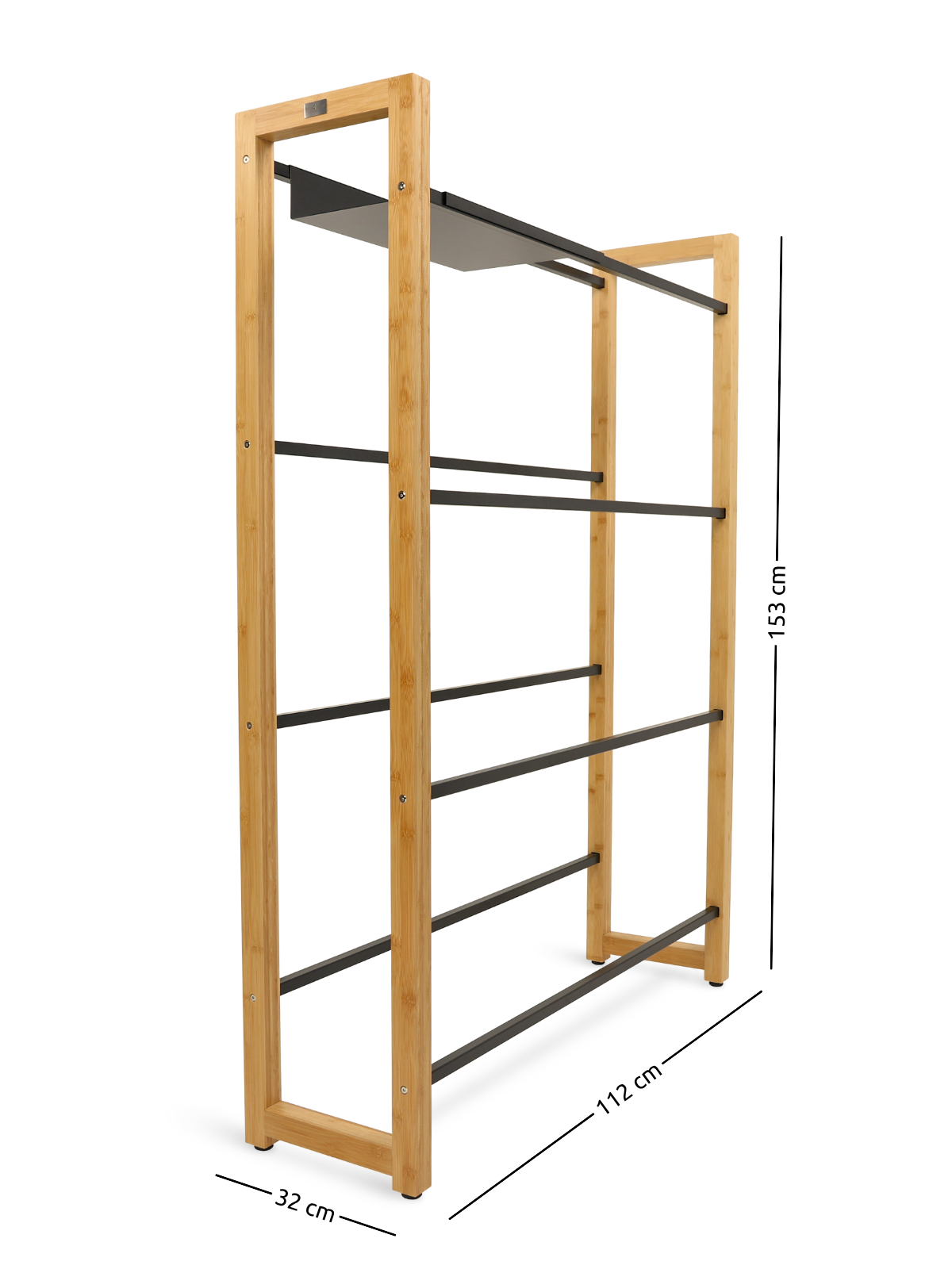 Maßzeichnung des großen Getränkekistenregals aus Bambus mit 112 cm Breite, 32 cm Tiefe und 153 cm Höhe
