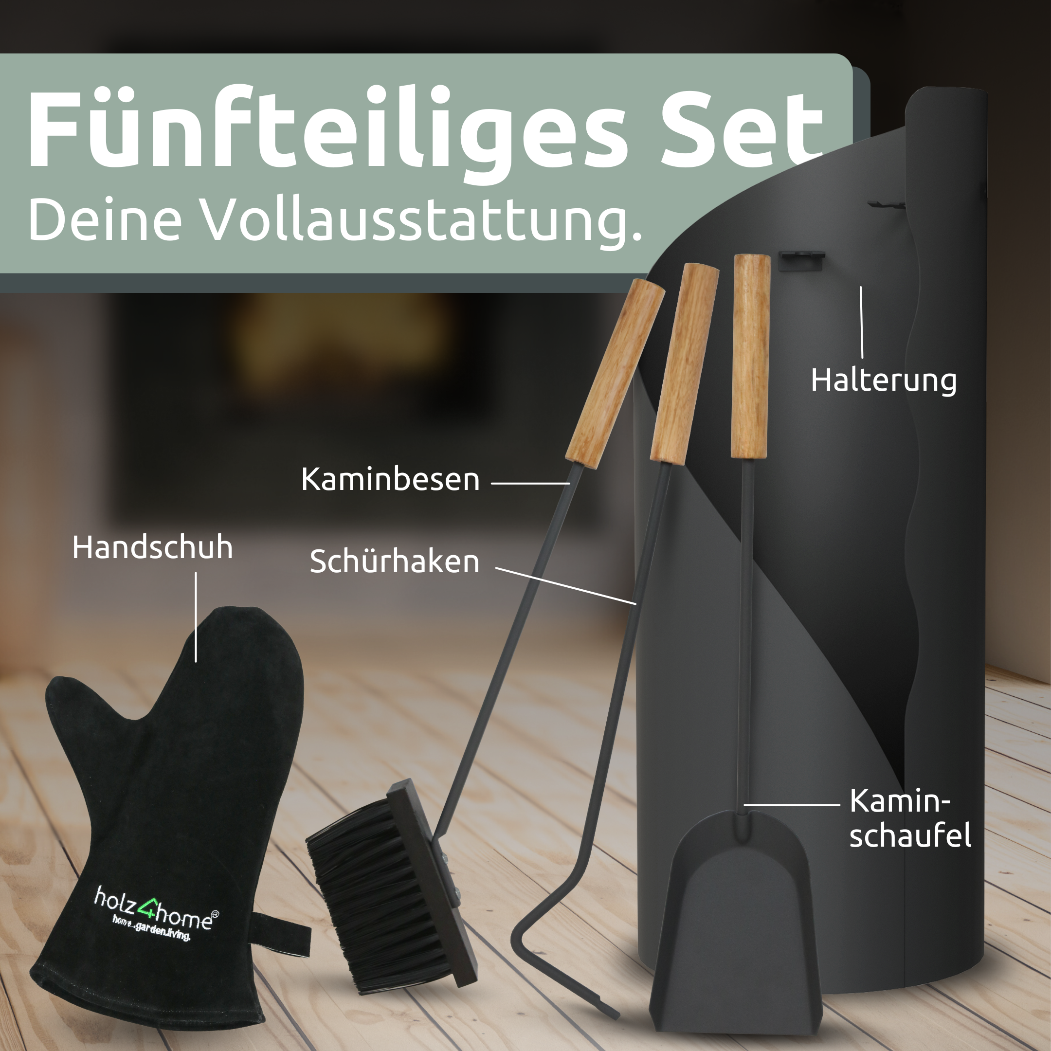 5-tlg. Kaminbesteck Grauschwarz mit Holzgriff inkl. Ofenhandschuh