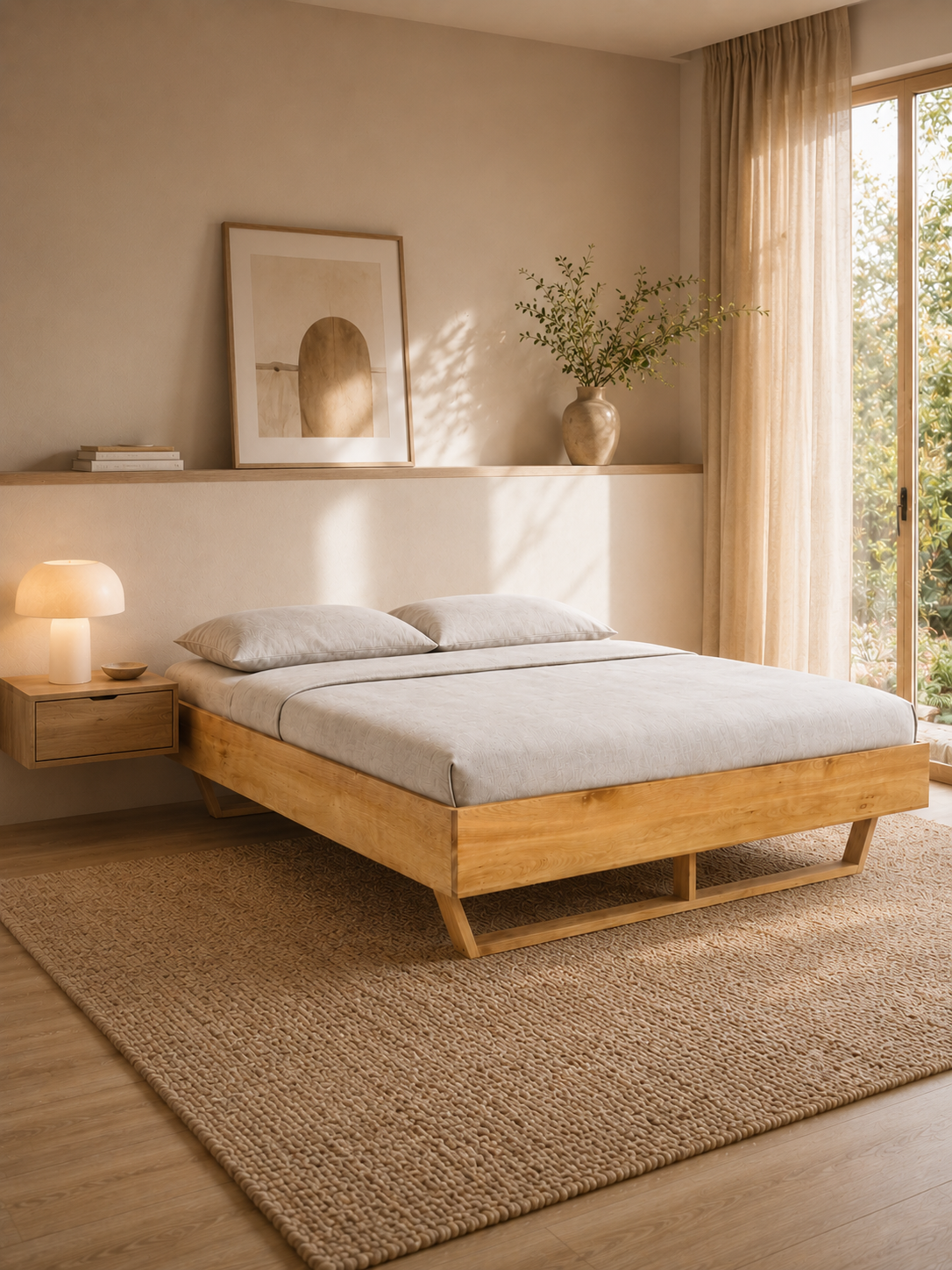 Massivholzbett Light aus Eiche in einem hellen Schlafzimmer mit Wandregal, Leuchte und Zimmerpflanze