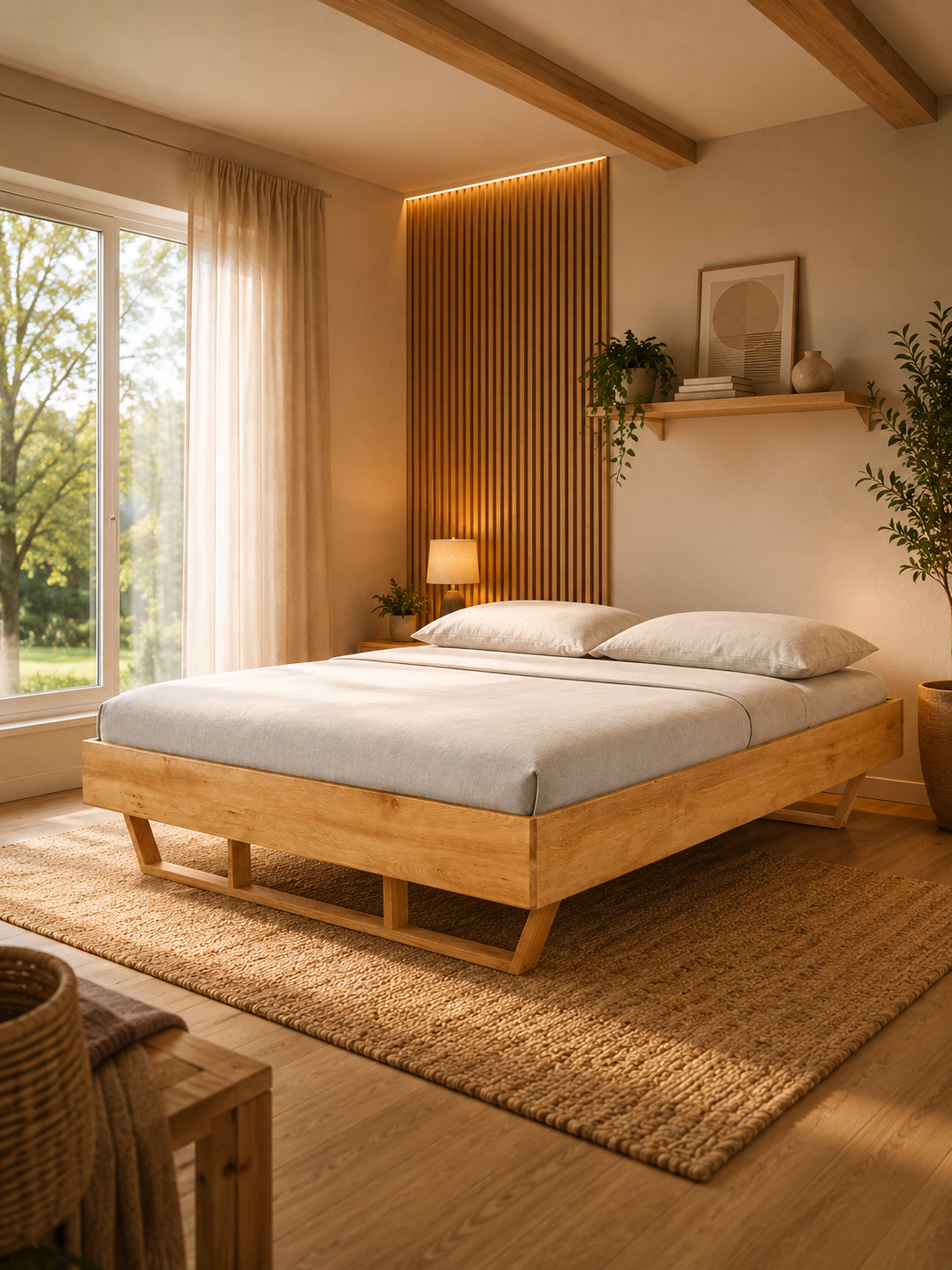 Massivholzbett Light aus Eiche als großes Doppelbett in einem Schlafzimmer mit Holzlattenwand und Leselampe