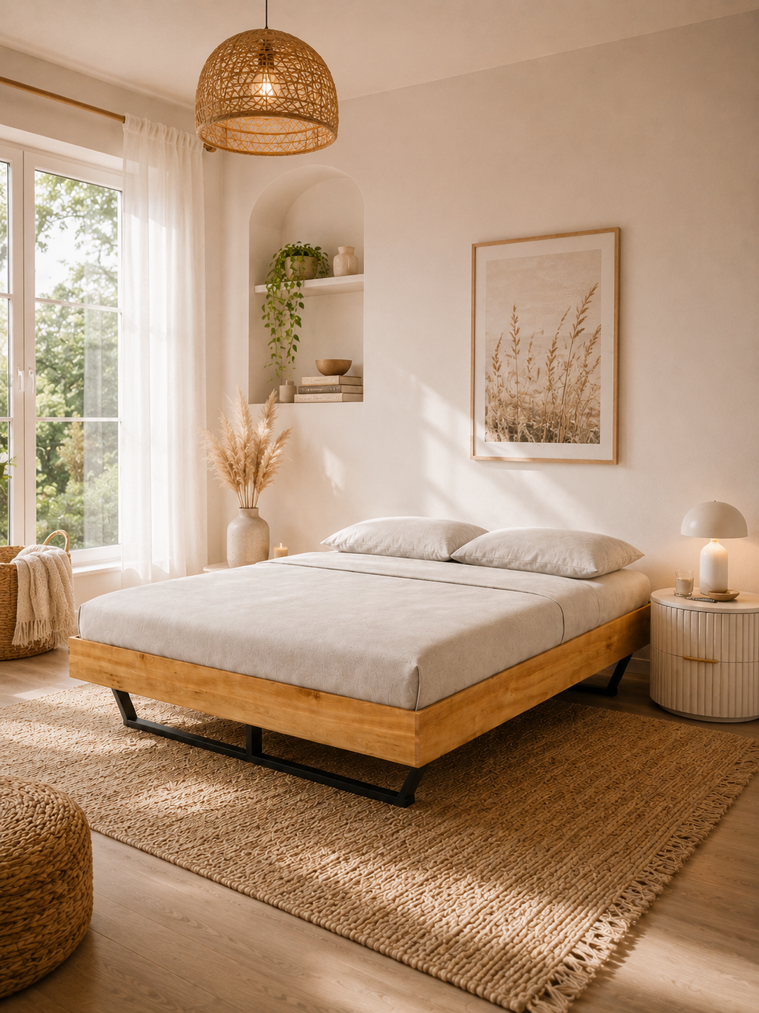 Massivholzbett Metall Light aus Eiche als Doppelbett in einem hellen Schlafzimmer mit Rattanleuchte