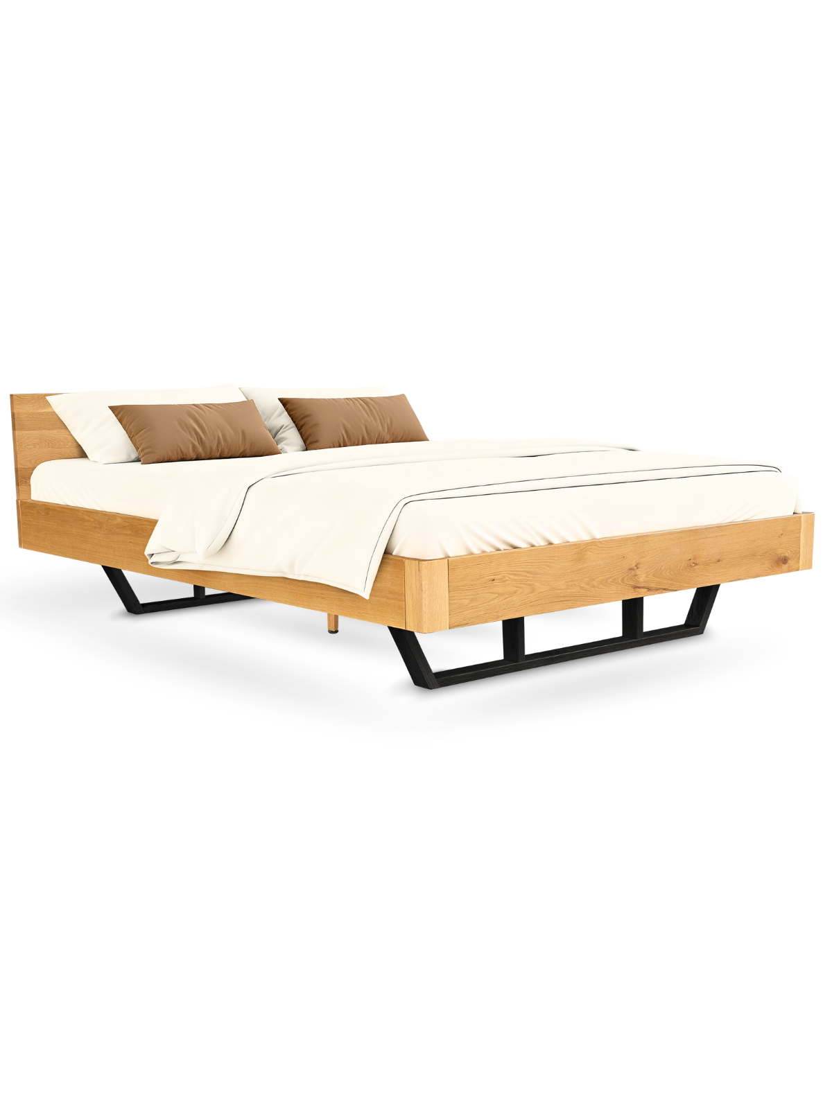 Breites Massivholzbett aus Eiche mit schwarzen Metall-Kufenbeinen als Doppelbett mit heller Bettwäsche