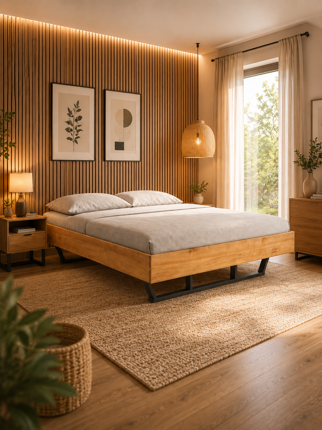 Massivholzbett Metall Light aus Eiche in einem warmen Schlafzimmer mit Holzlattenwand und Nachttisch