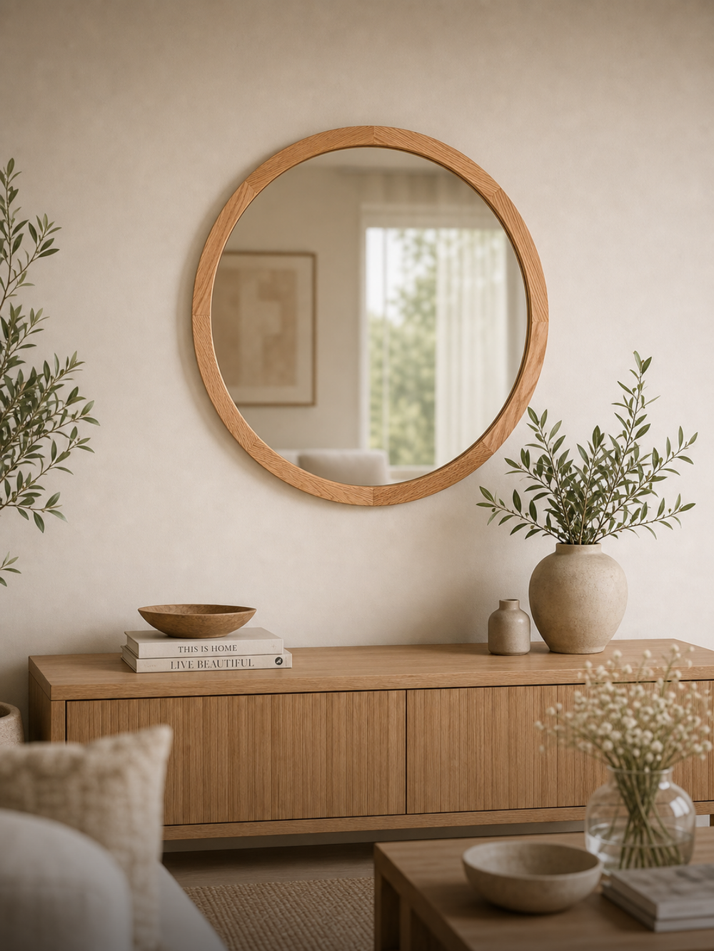 Runder Wandspiegel mit Eichenrahmen über einem Sideboard aus Holz im hellen Wohnzimmer