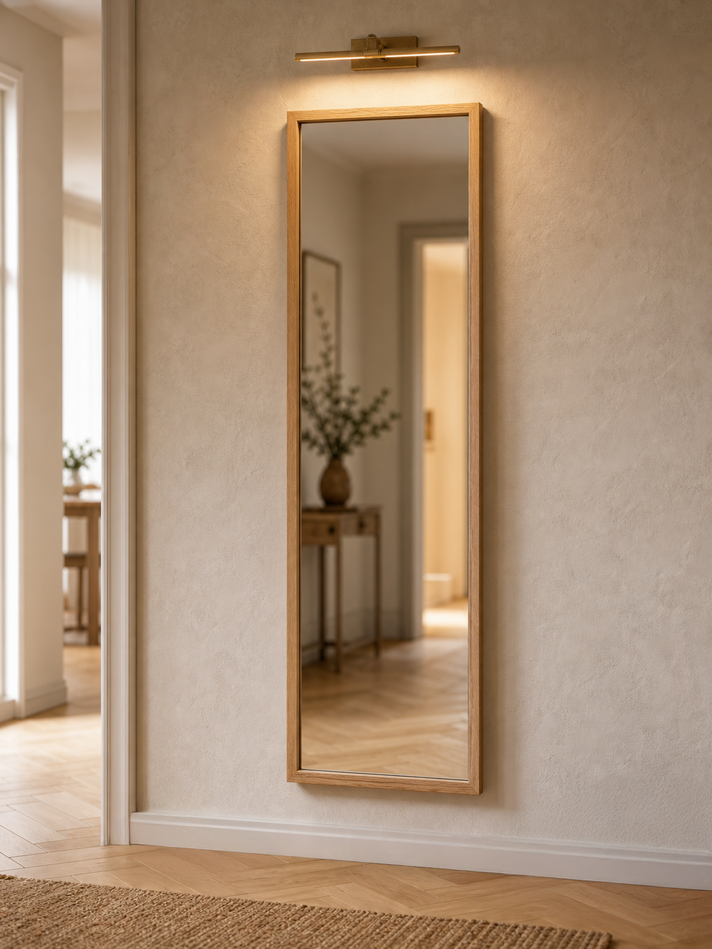 Wandspiegel mit Eichenrahmen an einer hellen Flurwand über einer Konsole mit Vase und Wandleuchte