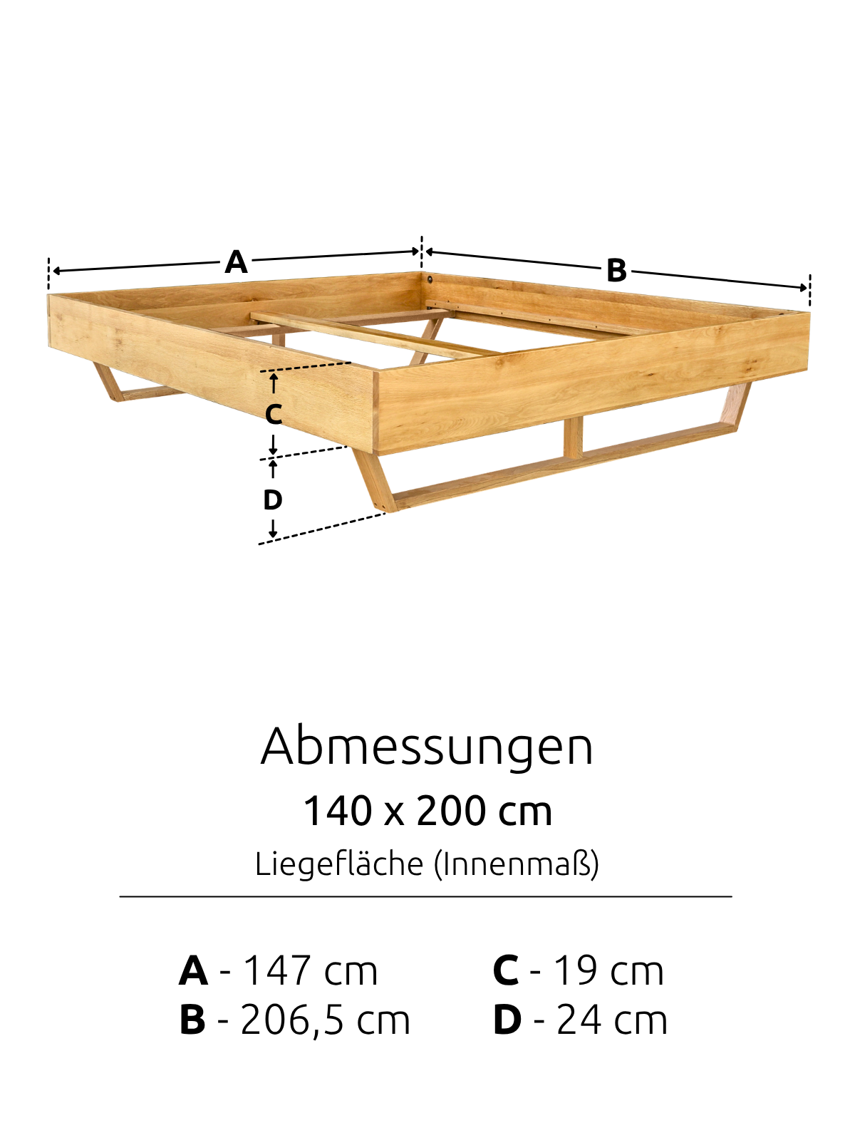Maßzeichnung des Massivholzbetts Light aus Eiche mit Liegefläche 140 x 200 cm und Rahmen 206,5 x 147 cm