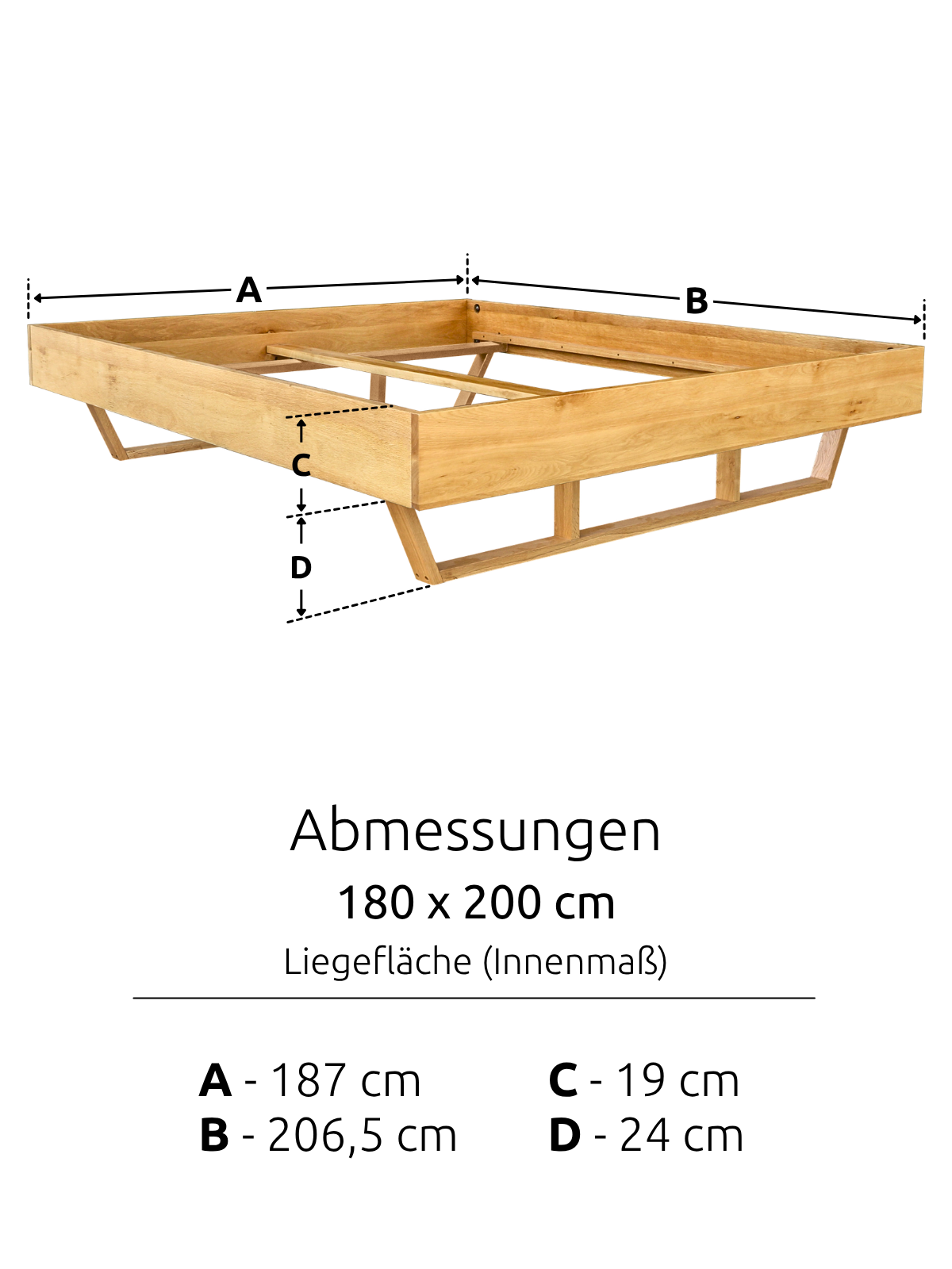 Maßzeichnung des Massivholzbetts Light aus Eiche mit Liegefläche 180 x 200 cm und Rahmen 206,5 x 187 cm