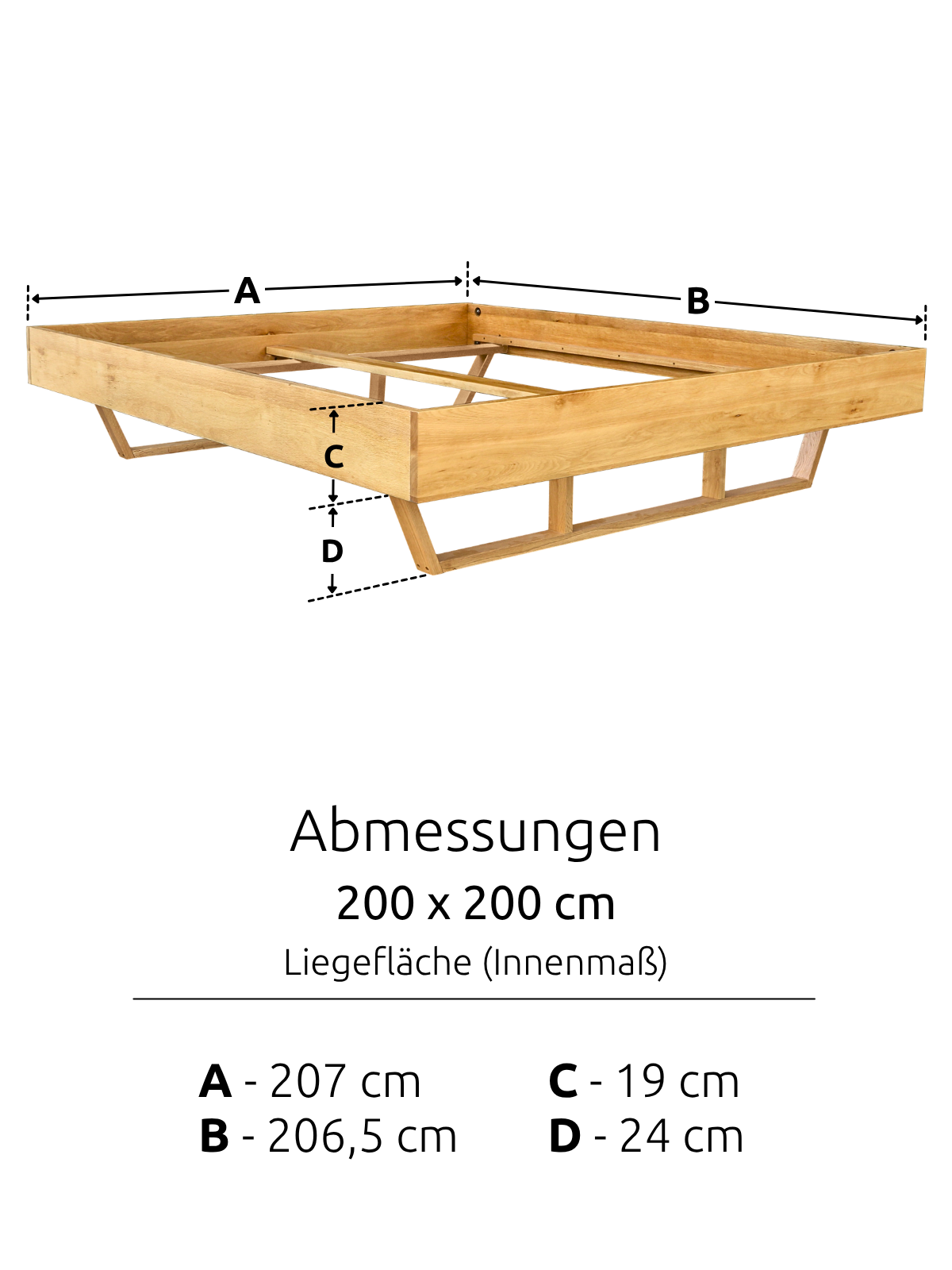 Maßzeichnung des Massivholzbetts Light aus Eiche mit Liegefläche 200 x 200 cm und Rahmen 206,5 x 207 cm